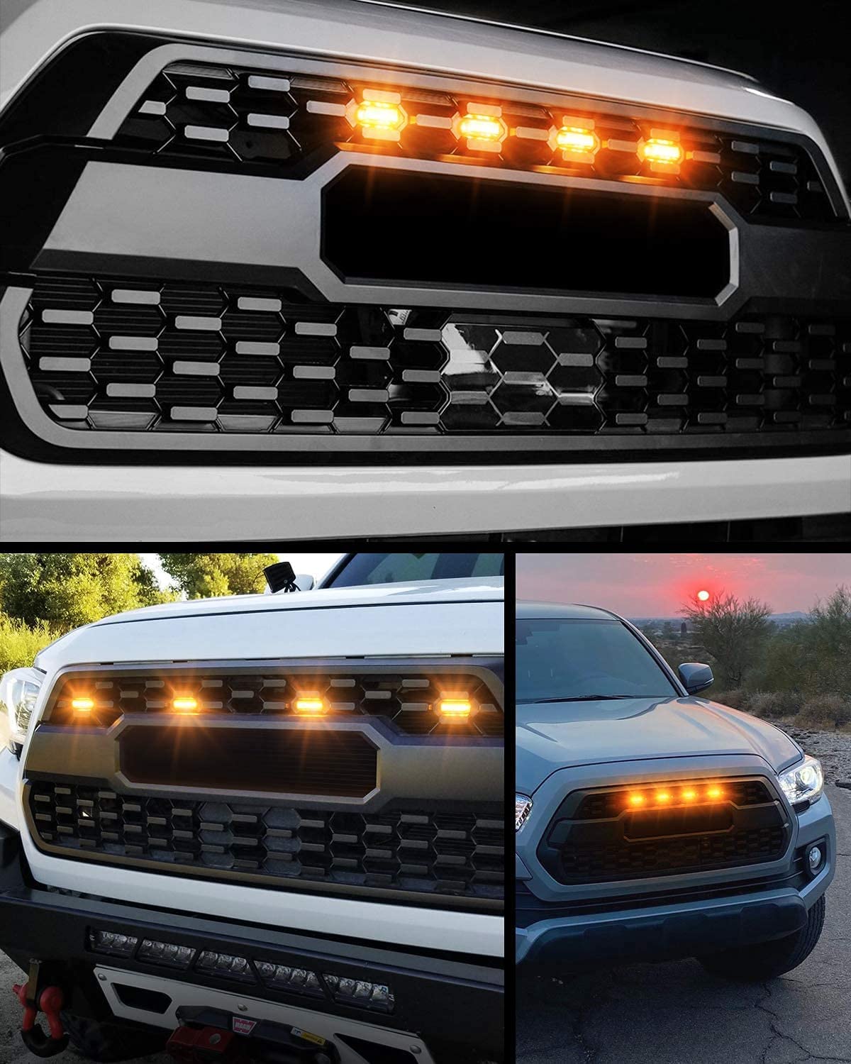 LED Grille Lights for Toyota Tacoma TRD Pro Front Grille 2016 2017 2018 waterproof with Harness & Fuse (5 PCS with 1PCS free accessory light, Amber Shell with Amber Light) - OMOTOR