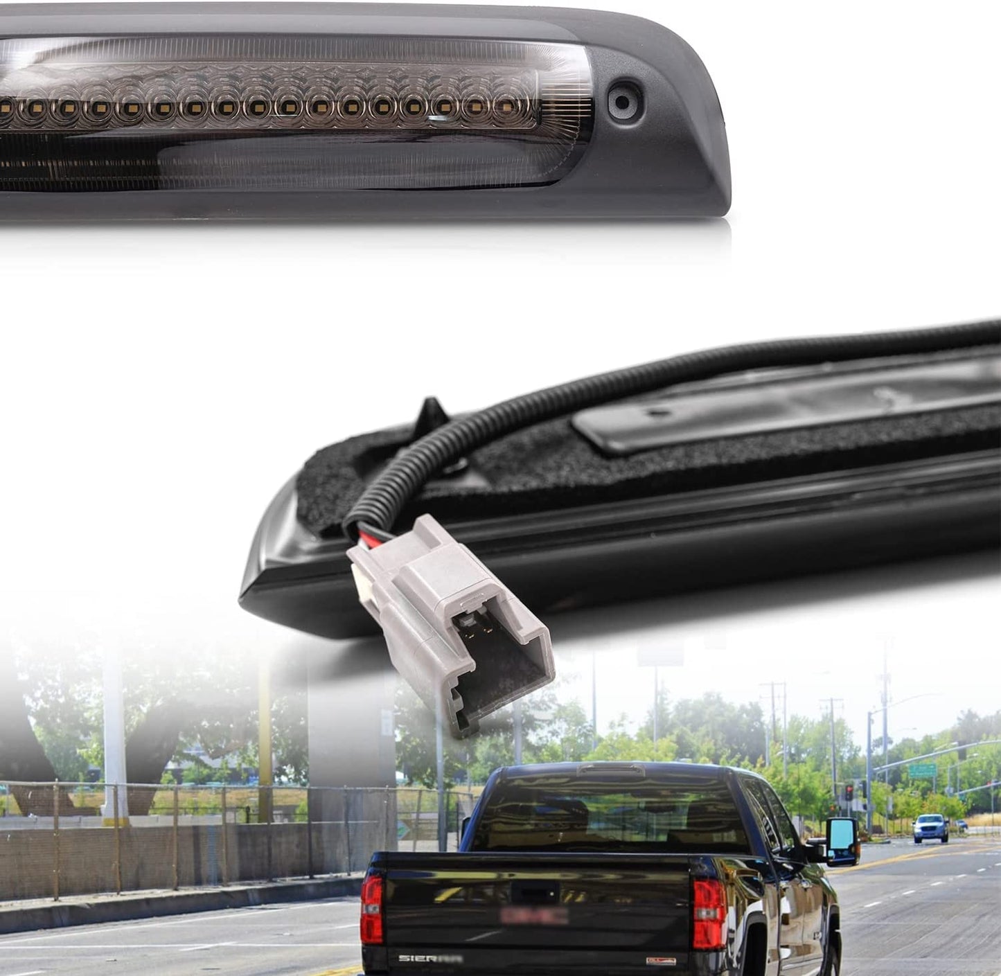 Led Third Brake Light Replacement for 2014-2018 Chevy Silverado GMC Sierra 1500 2500HD 3500HD Red LED Strobe Rear 3rd Brake Center High Mount Stop Lamp + White Cargo Light Kit Euro Smoked Lens - OMOTOR