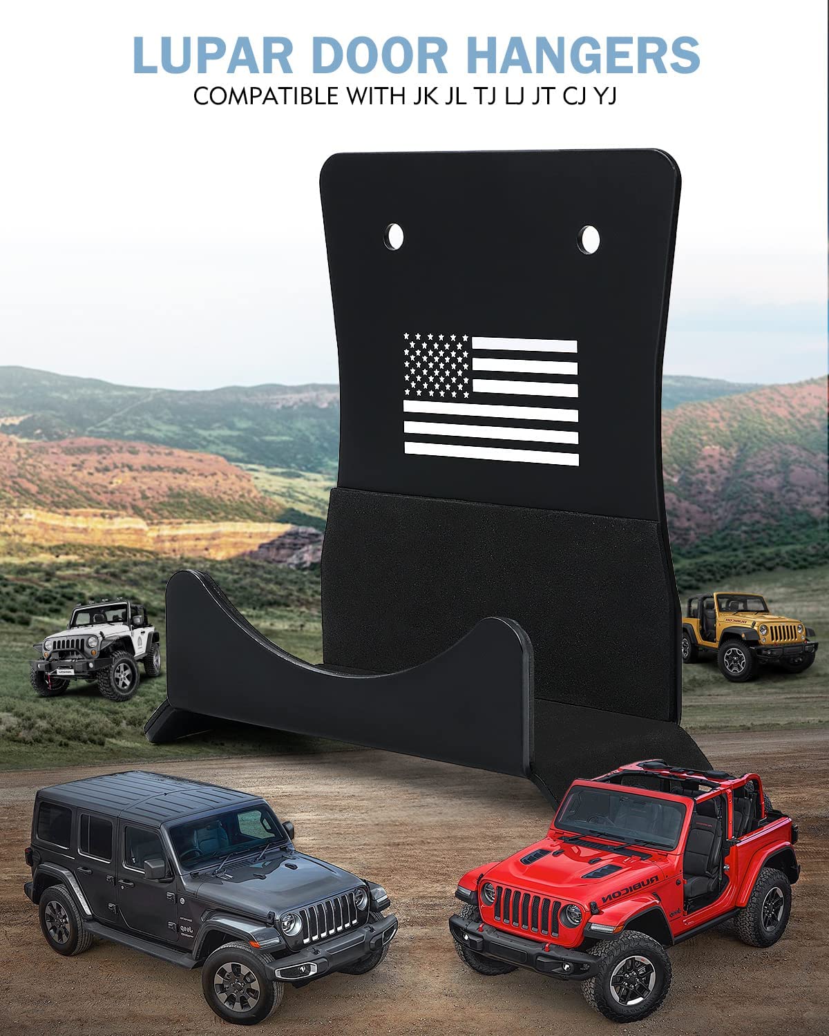 America Flag Storage Door Hangers, Aluminum Wall-Mounted Removable Door Storage Rack Holder with Rubber Lining Compatible with 1956-2023 Jeep Wrangler CJ YJ TJ LJ JK JKU JL JLU - 4PACK - OMOTOR