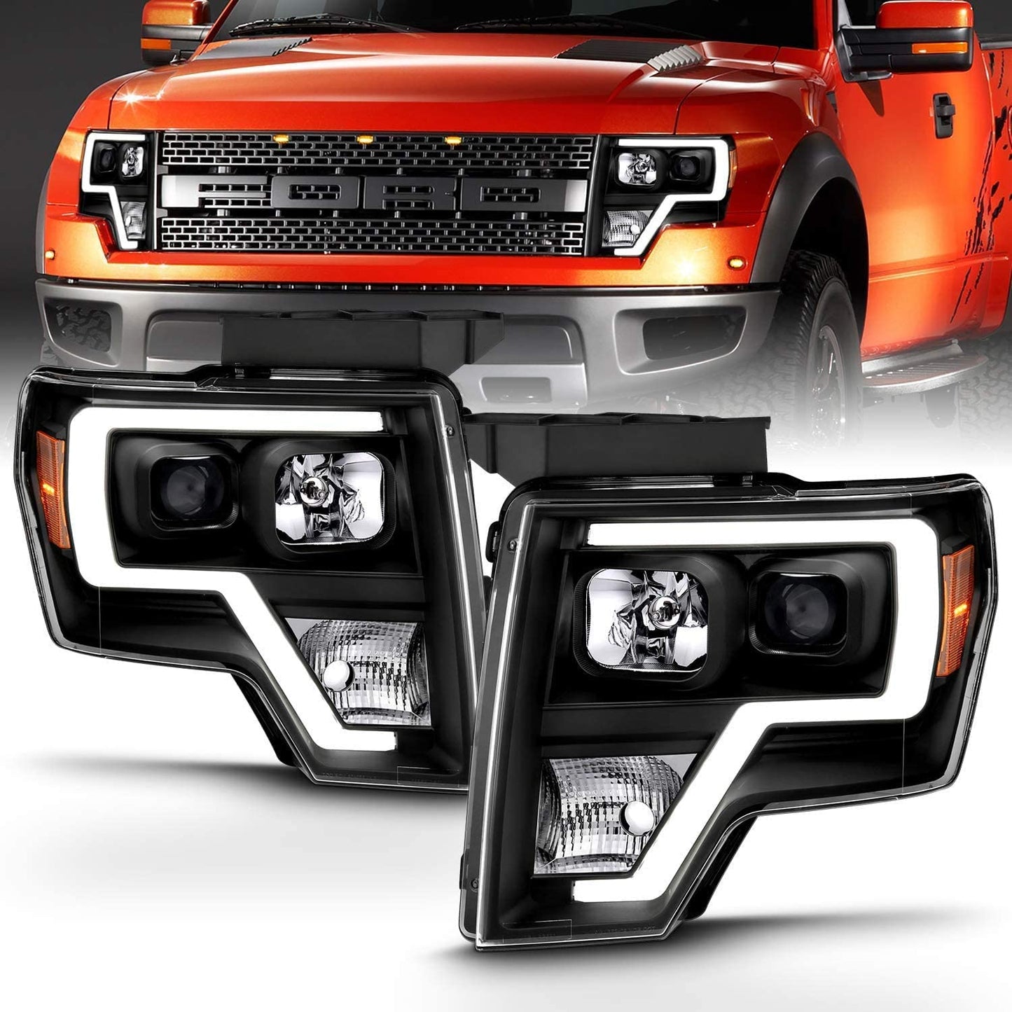 Square Projector Halogen Black Headlights Pair LED Bar Set for 2009-2014 Ford F150 High/Low Beam Bulb Included - Driver and Passenger Side - OMOTOR