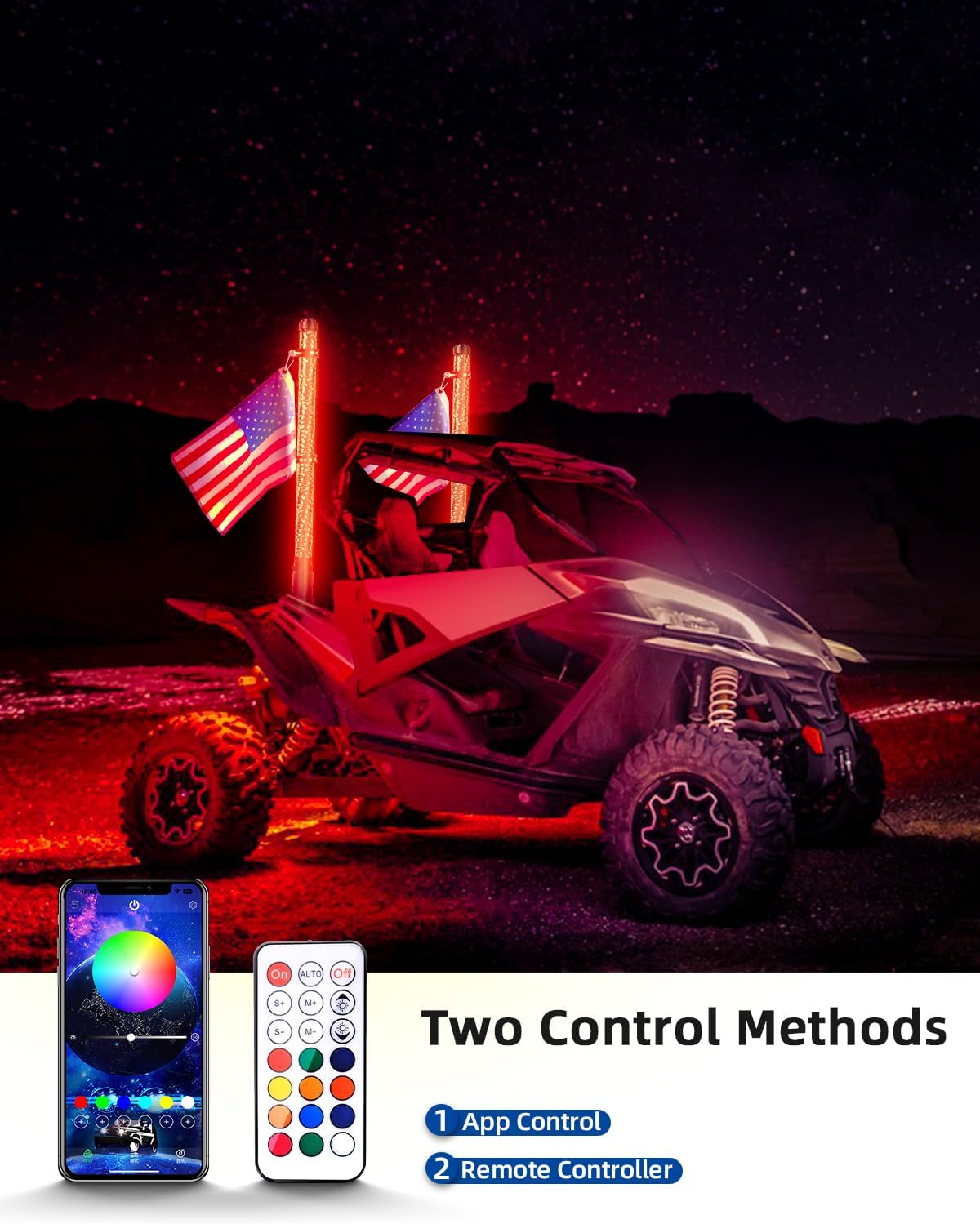 New Upgraded 2FT RGB Whip Lights with Anti-Fracture Spring Base, Spiral Led Whip Light with App and Remote Control for Jeep UTV ATV Off-Road RZR Polaris Truck Car 4X4 Sand Buggy Dune (2 Pack) - OMOTOR