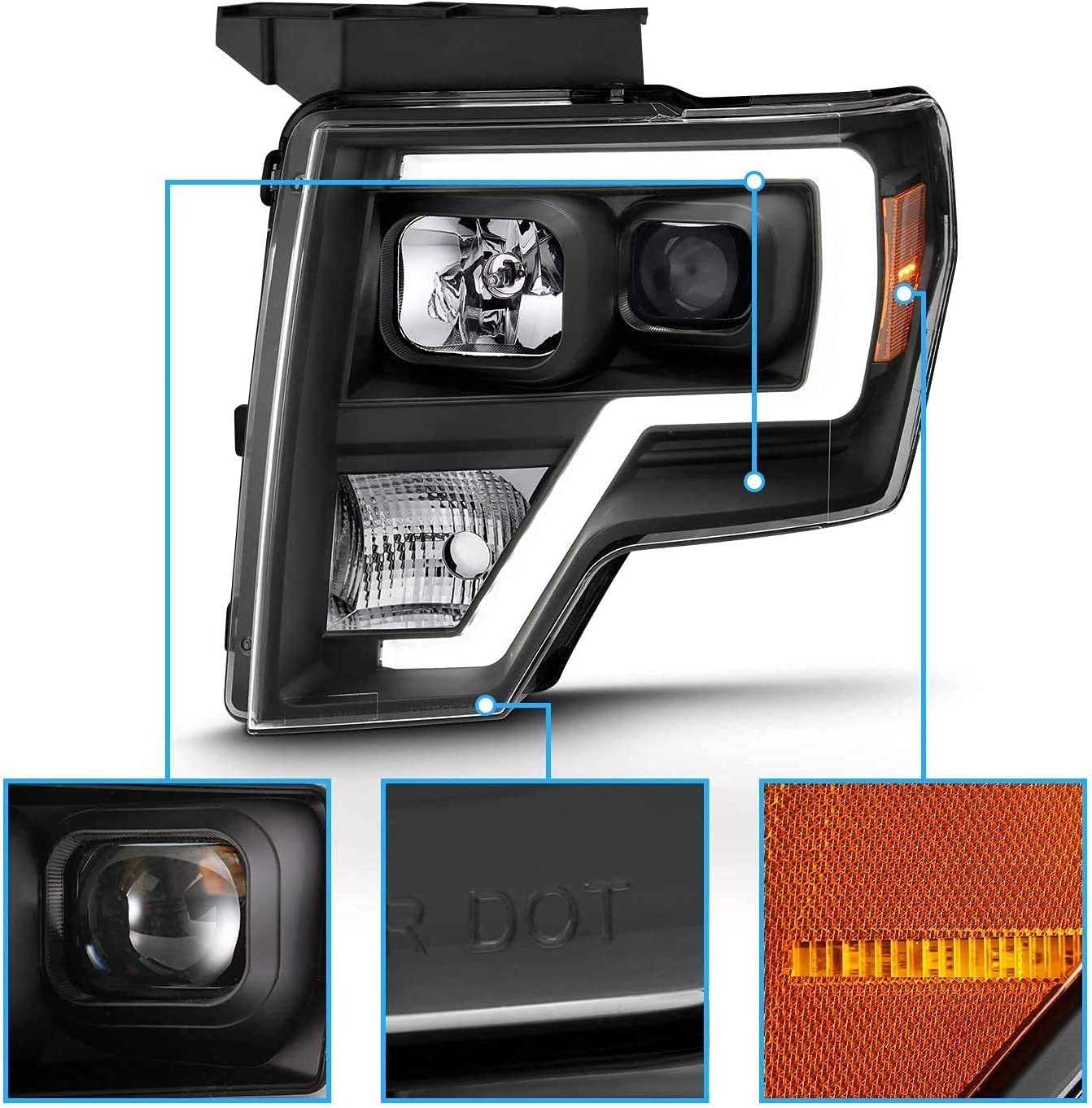 Square Projector Halogen Black Headlights Pair LED Bar Set for 2009-2014 Ford F150 High/Low Beam Bulb Included - Driver and Passenger Side - OMOTOR