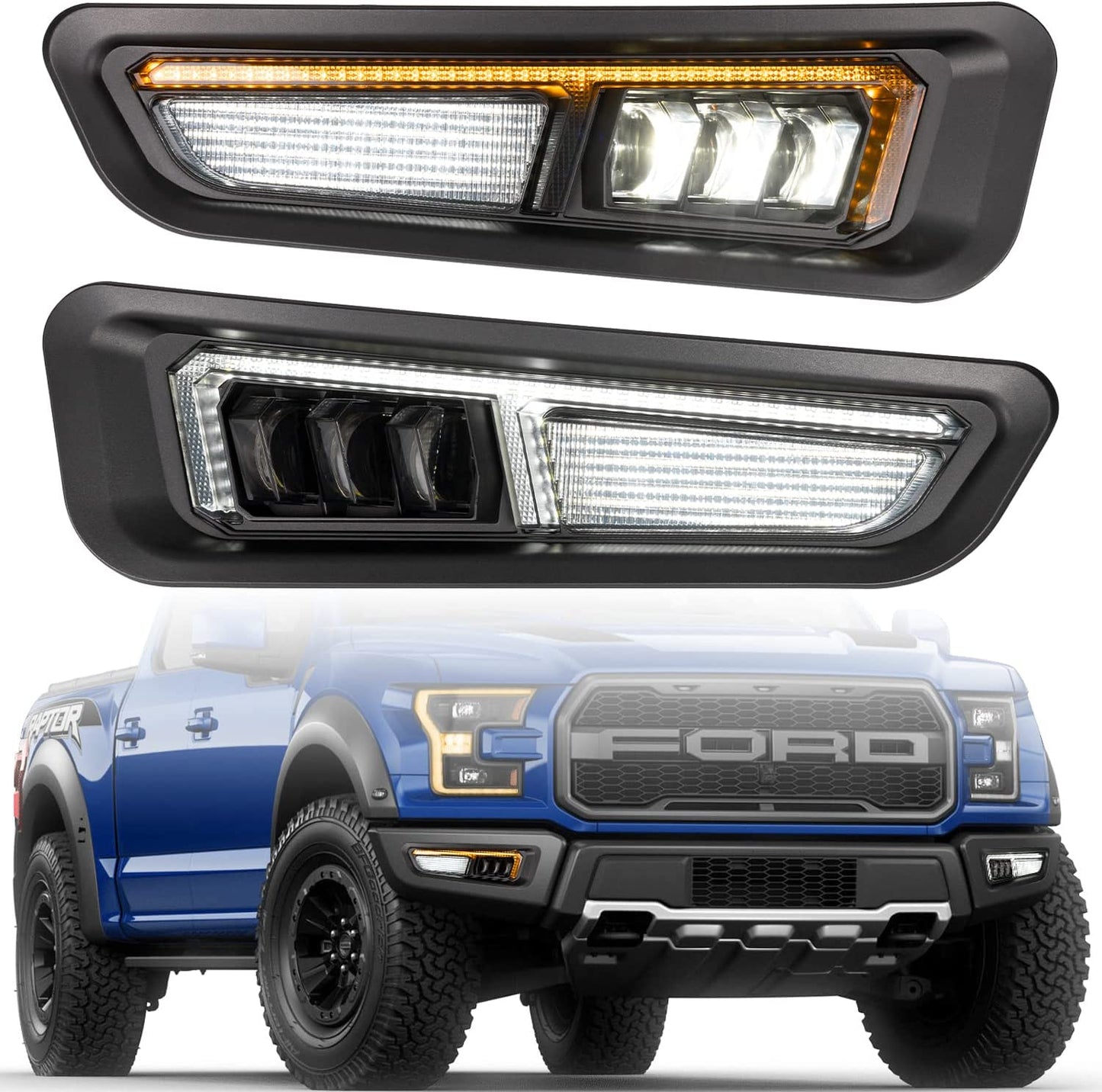 Fog Lights with Amber Sequential Turn Signal White DR LED Bumper Fog Lights Compatible Smoke Housing with Gen 2 for Ford Raptor 2017 2018 2019 2020 - OMOTOR