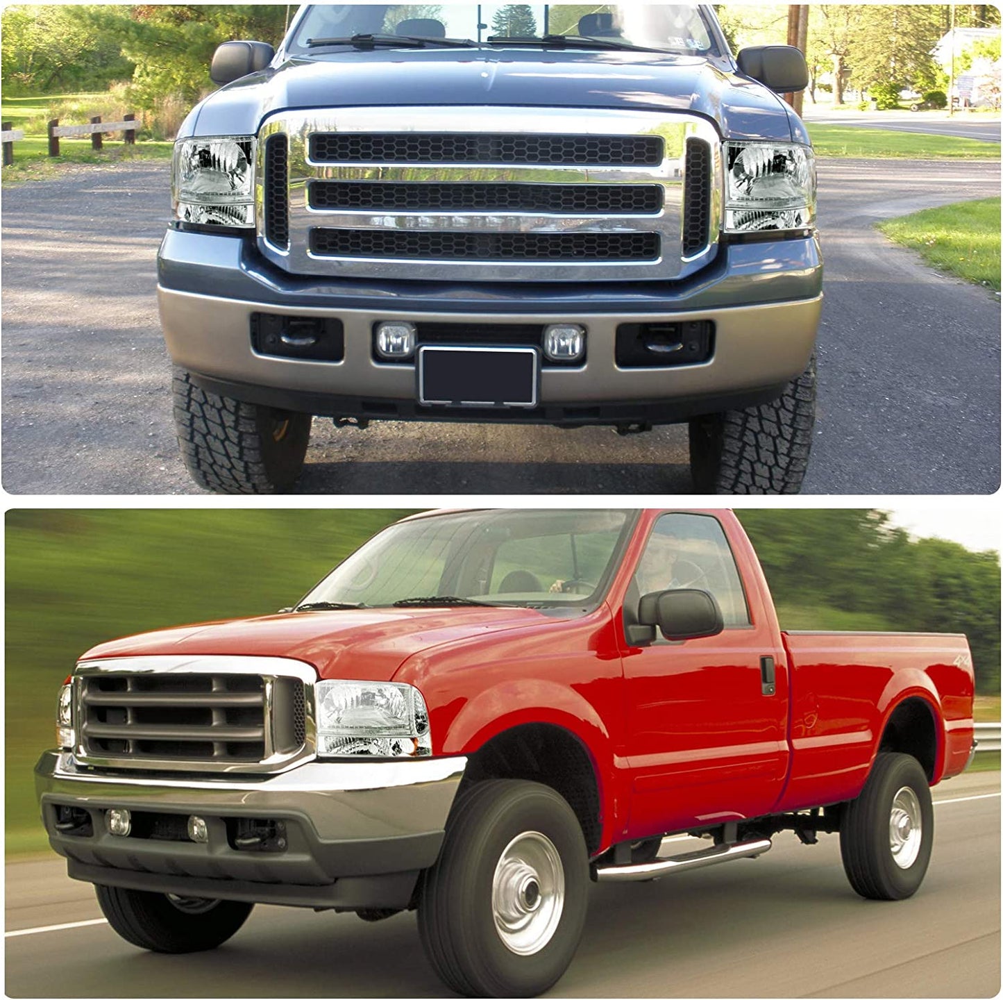 Headlight Assembly Compatible with 1999-2004 Ford F-250 F-350 F-450 F-550 Super Duty Pickup Truck + Signal Lamps Chrome Housing Clear Lens Amber Reflector - OMOTOR