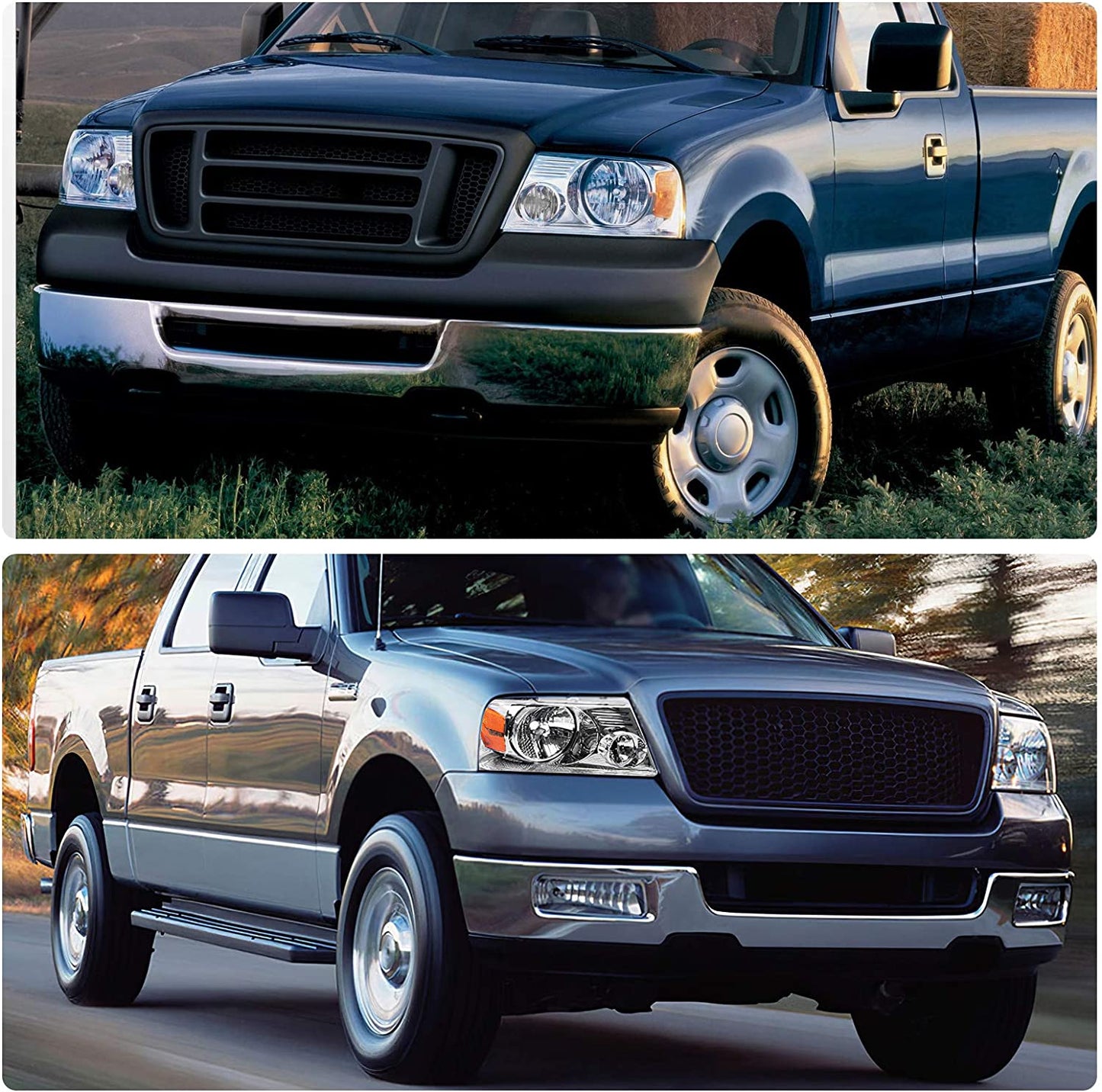 Headlight Assembly Compatible with 2004 2005 2006 2007 2008 Ford F150 Pickup Passenger and Driver Side Chrome Housing Amber Reflector - OMOTOR