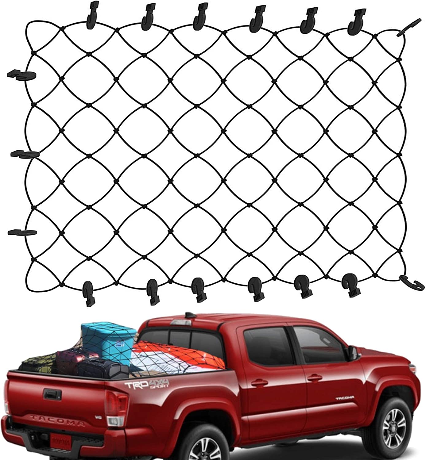 Cargo Net - Bungee Net Accessories for Pickup Truck Bed - Toyota Tacoma Bed Rail Integration for 2005-2023 - 36" x60 Stretchable Cargo Net - 6” Diamond Grid Pattern - OMOTOR