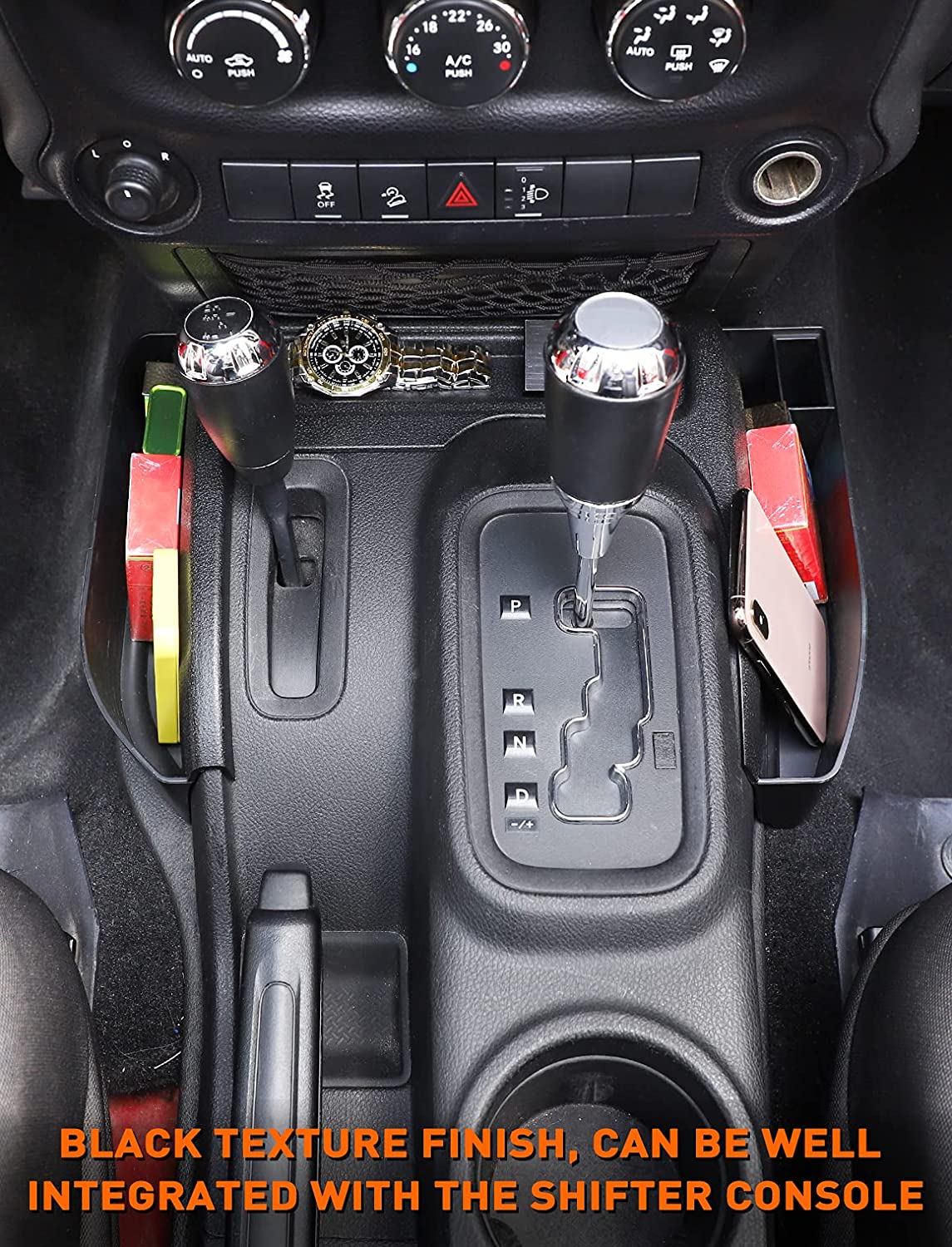 JK Shifter Storage Box, Gear Shift Console Side Tray Organizer for 2011-2018 Jeep Wrangler JK JKU, Reserved USB Charger Extender Slot, Interior Accessories, Black - OMOTOR