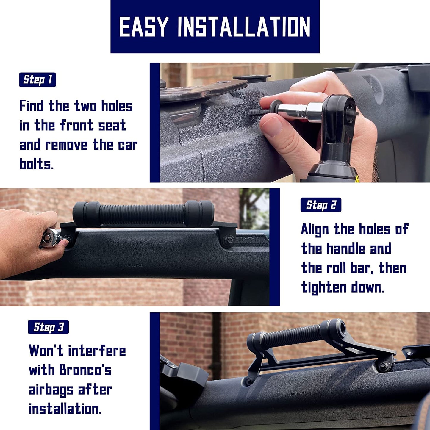2 Pack Aluminum Alloy Roll Bar Grab Handles Compatible with Ford Bronco 2021+ - OMOTOR