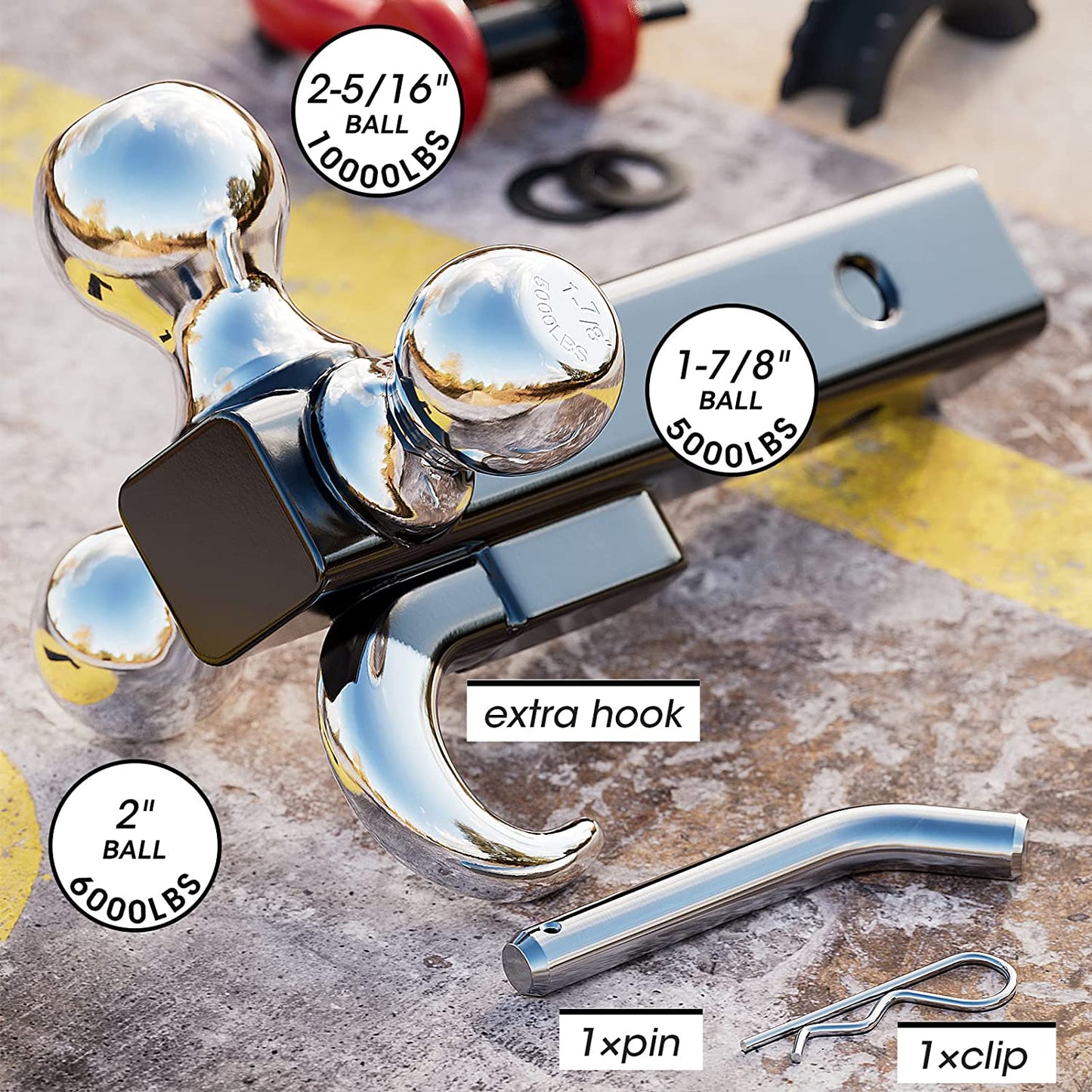 Tri Ball Hitch with Hook&Pin,Ball Size 1-7/8"Ball Hitch, 2" and 2-5/16"Trailer Ball Fit 2 Inch Receiver,Howllow Shank Tow Hitch,Black - OMOTOR