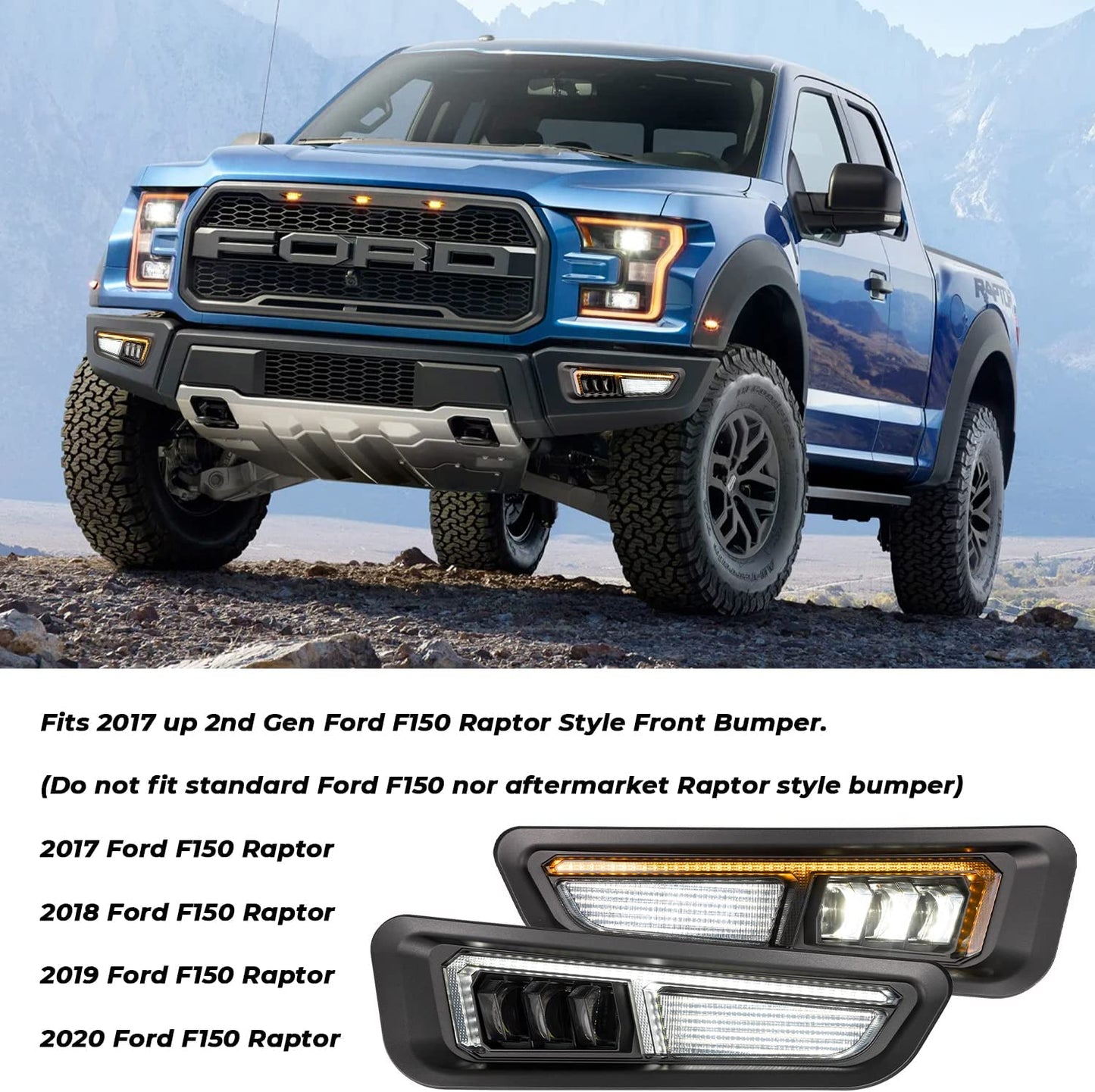 Fog Lights with Amber Sequential Turn Signal White DR LED Bumper Fog Lights Compatible Smoke Housing with Gen 2 for Ford Raptor 2017 2018 2019 2020 - OMOTOR
