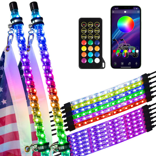 2PCS 4FT Whip Lights and 12Pcs Underglow Kit,300 Colors 178 Modes,Remote/APP Control,LED Whip Lights Neon Accent Strip Lights with Dancing/Chasing for Off-Road UTV ATV Polaris RZR Truck