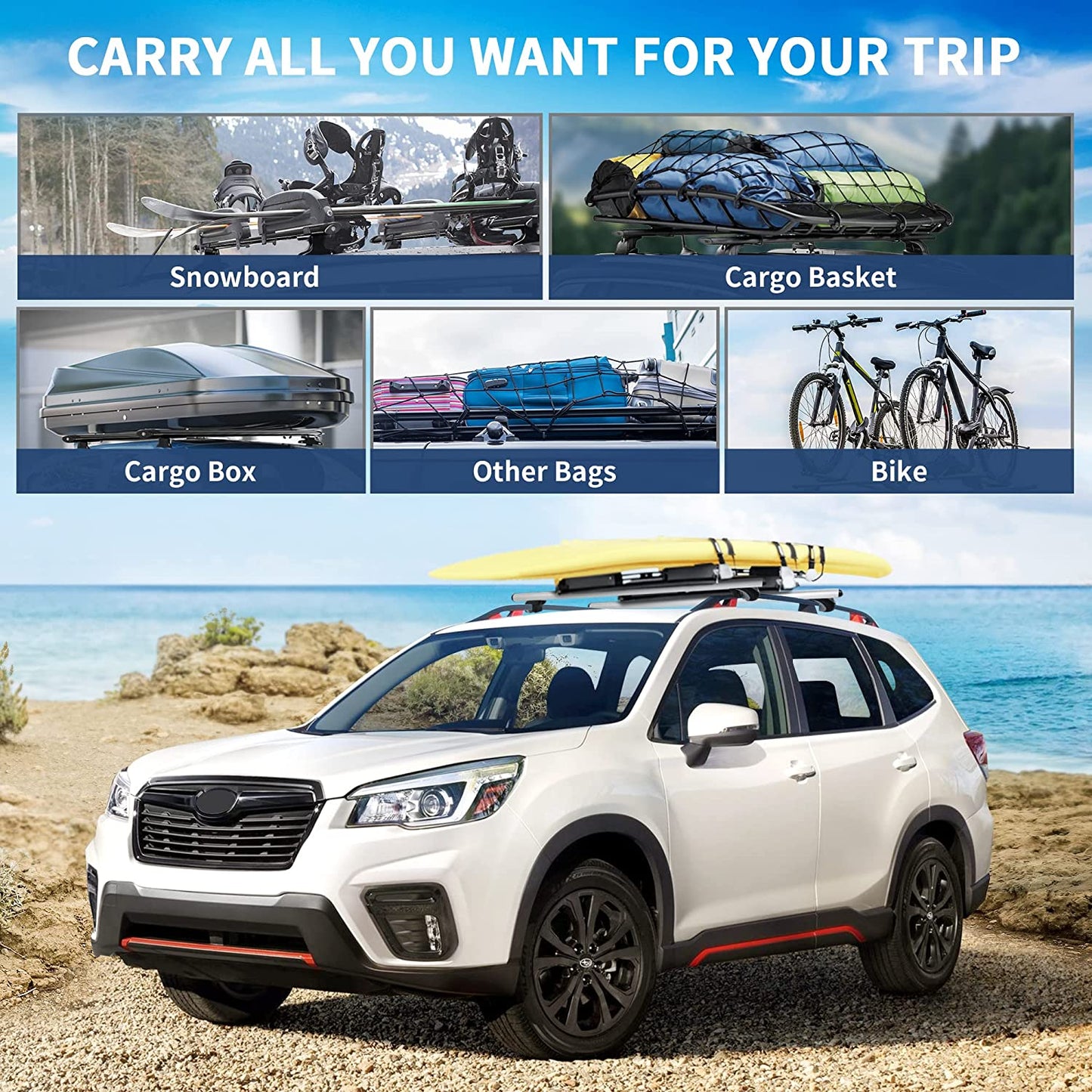 54" Universal Roof Rack Cross Bars, Adjustable Aluminum Cargo Carrier Rooftop Luggage Crossbars for Car Vehicles SUVs with Existing Raised Side Rails with a Gap , White-Aluminum - OMOTOR
