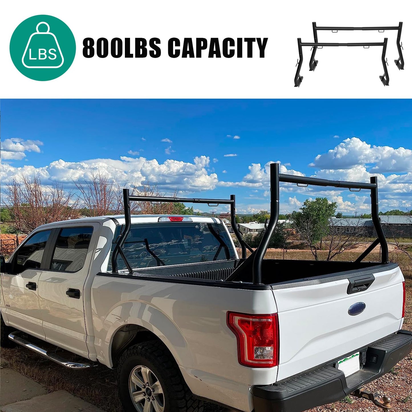 Non-Drilling Truck Rack, Heavy Duty Steel Extendable Truck Bed Ladder Rack, Fit for 52" to 71" Wide Truck Bed, 800 lb. Capacity - OMOTOR