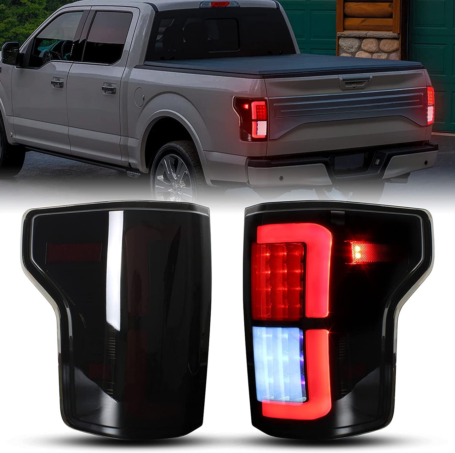 New Upgraded LED Tail Lights Assembly for F150, Smoked Black LED Taillights Brake Rear Lamps Parking Light for Ford F-150 2015-2017 Accessories (2PCS, Driver & Passenger Side) - OMOTOR
