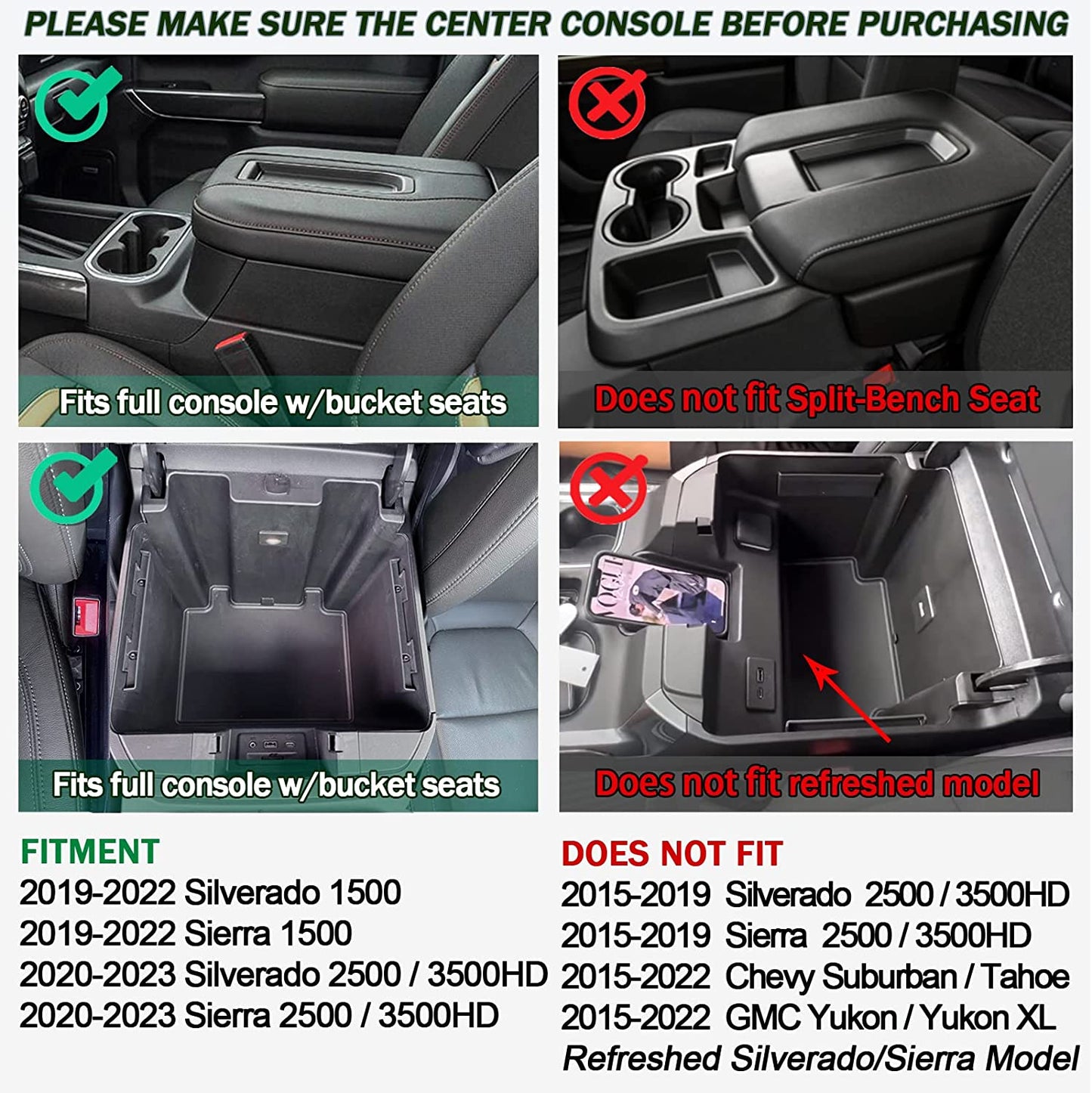 Full-Size Center Console Tray Compatible with 2019-2022 Chevy Silverado/GMC Sierra 1500 and 2020-2023 Silverado/Sierra 2500HD 3500HD, Armrest Organizer (Full Console w/Bucket Seats ONLY) - OMOTOR