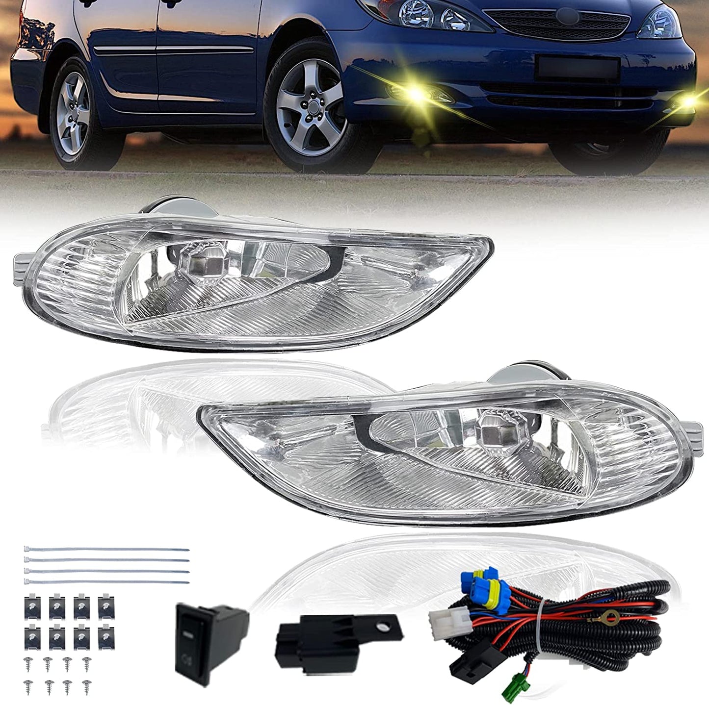 Driving Fog Lights Compatible with Toyota Camry 2002-2004/ Corolla 2005-2008/ Solara 2002-2003 Bumper Fog Lamps with Halogen Bulb & Switch and Wiring Kit (Clear Lens) - OMOTOR