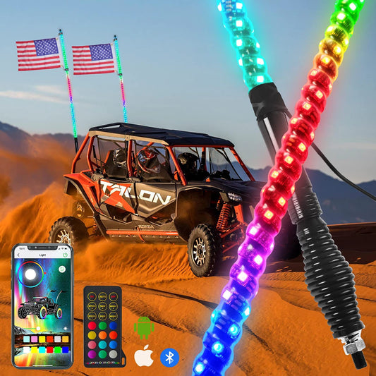 【SPRING BASE INCLUDE】LED Spiral Chasing RGB Whip Light with Bluetooth and Remote Control