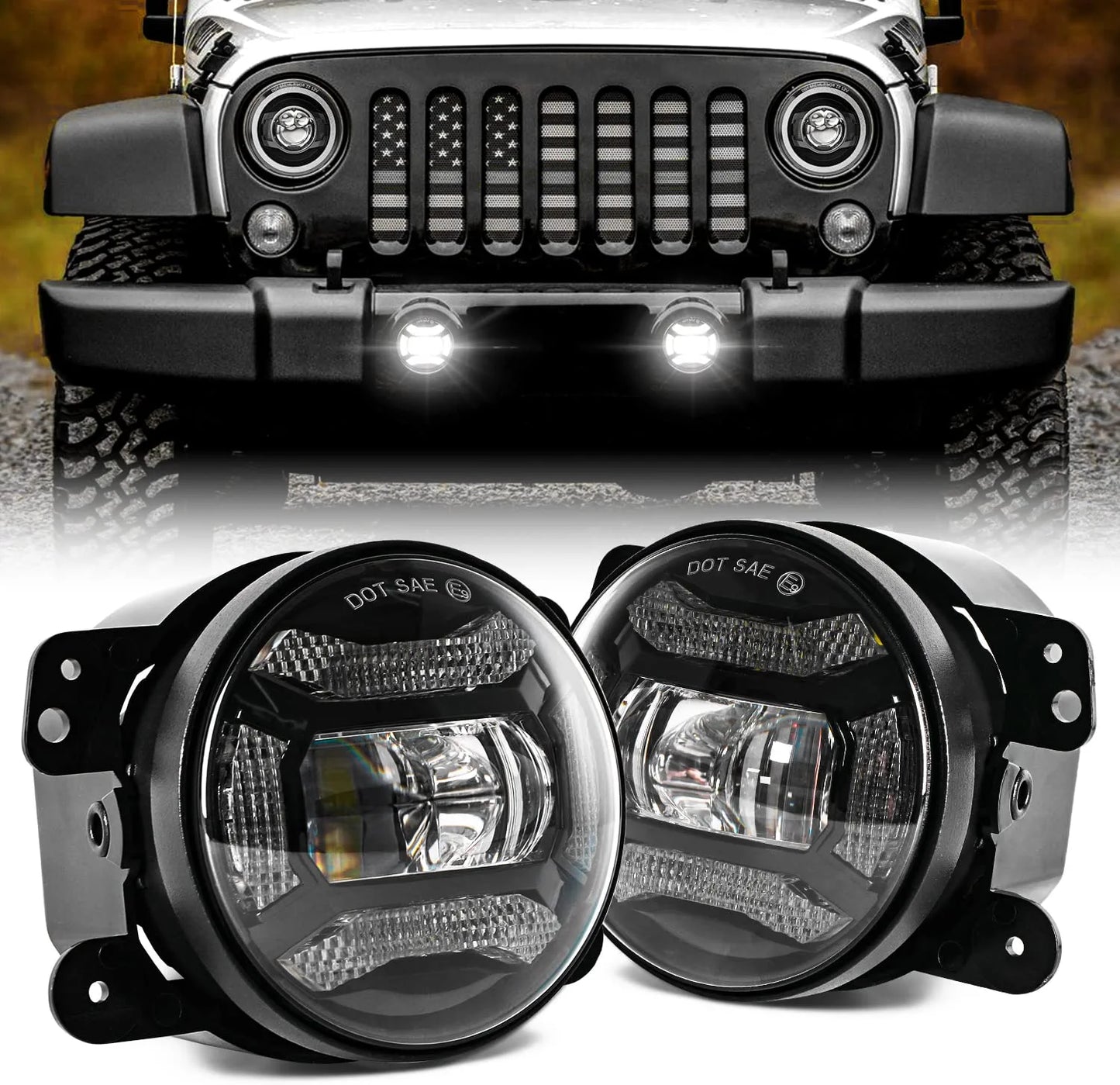 Super Bright 60W 4 Inch LED Fog Lights with DRL EMC Compatible with Jeep Wrangler TJ LJ JK Dodge Journey Front Bumper Lights(Pair) - OMOTOR