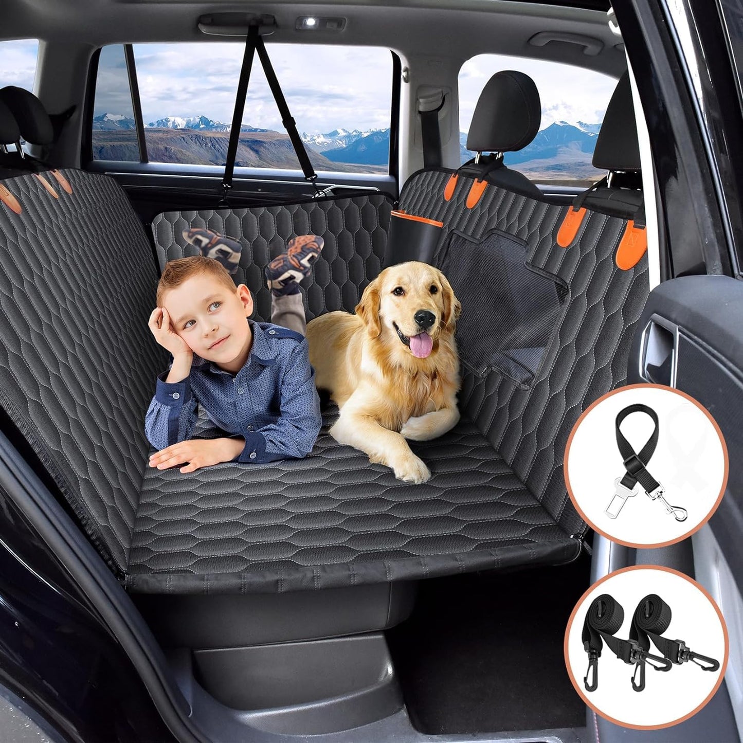 Back Seat Extender for Dogs-Supports 330lb,Waterproof Dog Car Seat Cover Hard Bottom-Detachable,600D Heavy Duty Scratch Proof Nonslip Durable Soft,Dog Hammock for Car,SUVs - OMOTOR
