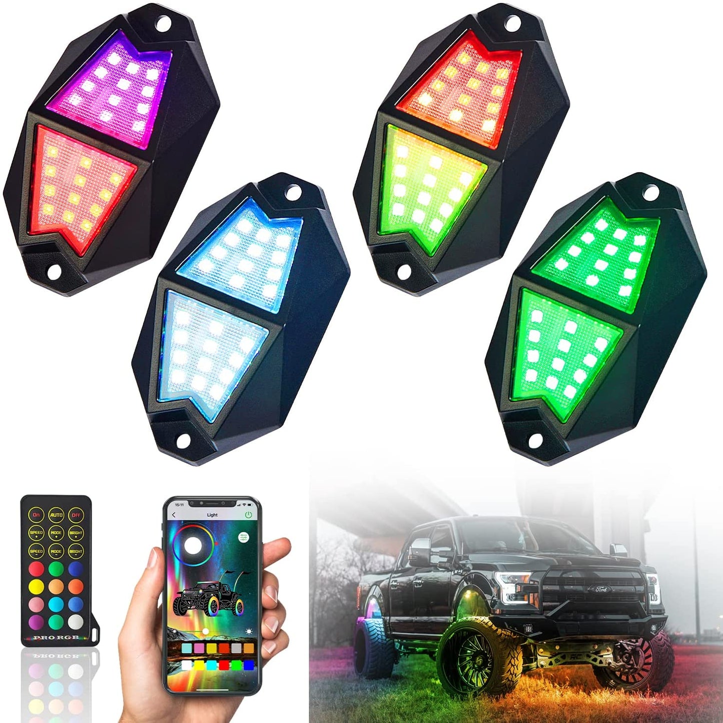 【Upgrade 8 Pods Rock Lights】- RGB LED Multicolor Underglow Neon Light Kit with Bluetooth Controller, Music Mode - OMOTOR