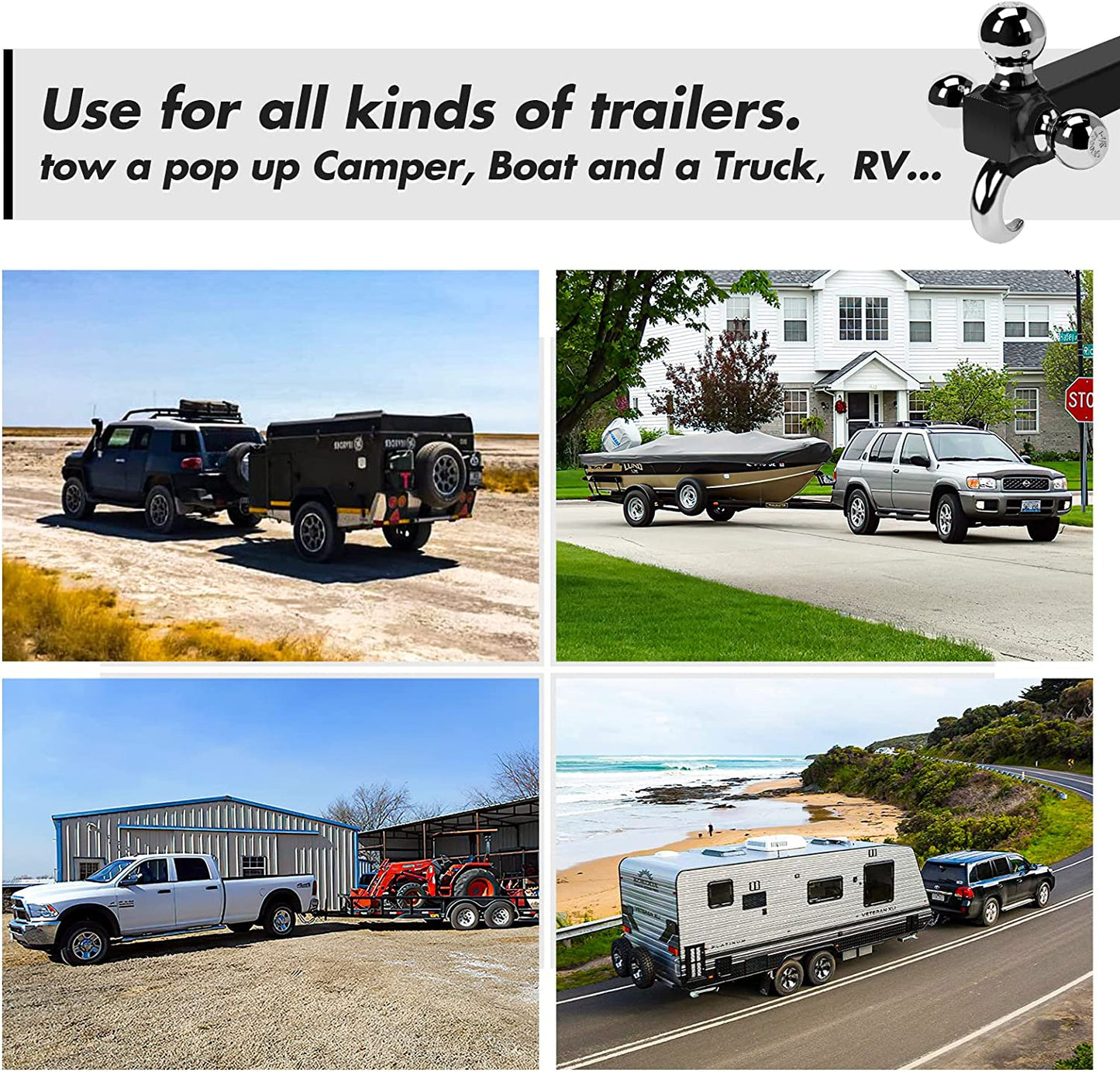 Tri Ball Hitch with Hook&Pin,Ball Size 1-7/8"Ball Hitch, 2" and 2-5/16"Trailer Ball Fit 2 Inch Receiver,Howllow Shank Tow Hitch,Black - OMOTOR