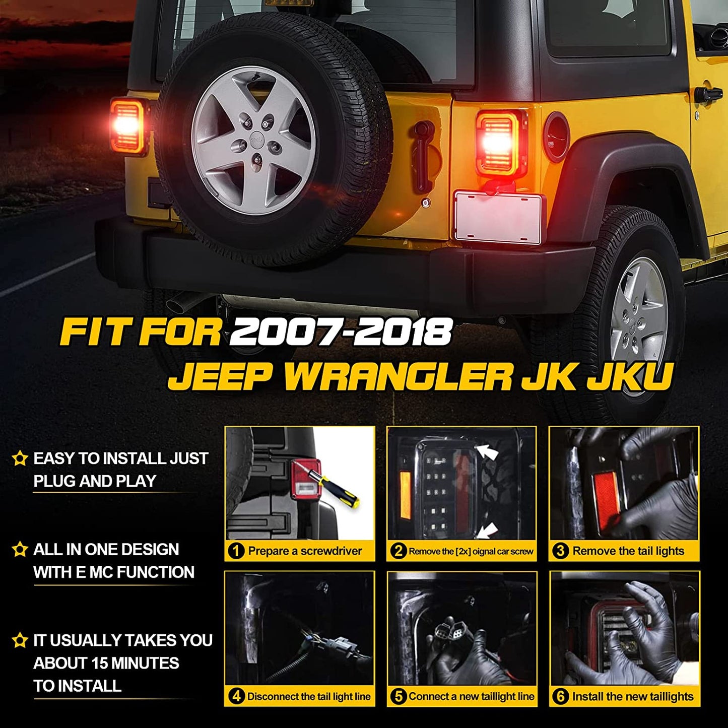 LED Tail Light Compatible with Jeep Wrangler JK JKU 2007-2018, Smoked Lens 20W Reverse Lights Brake Rear Back Up Lights - OMOTOR