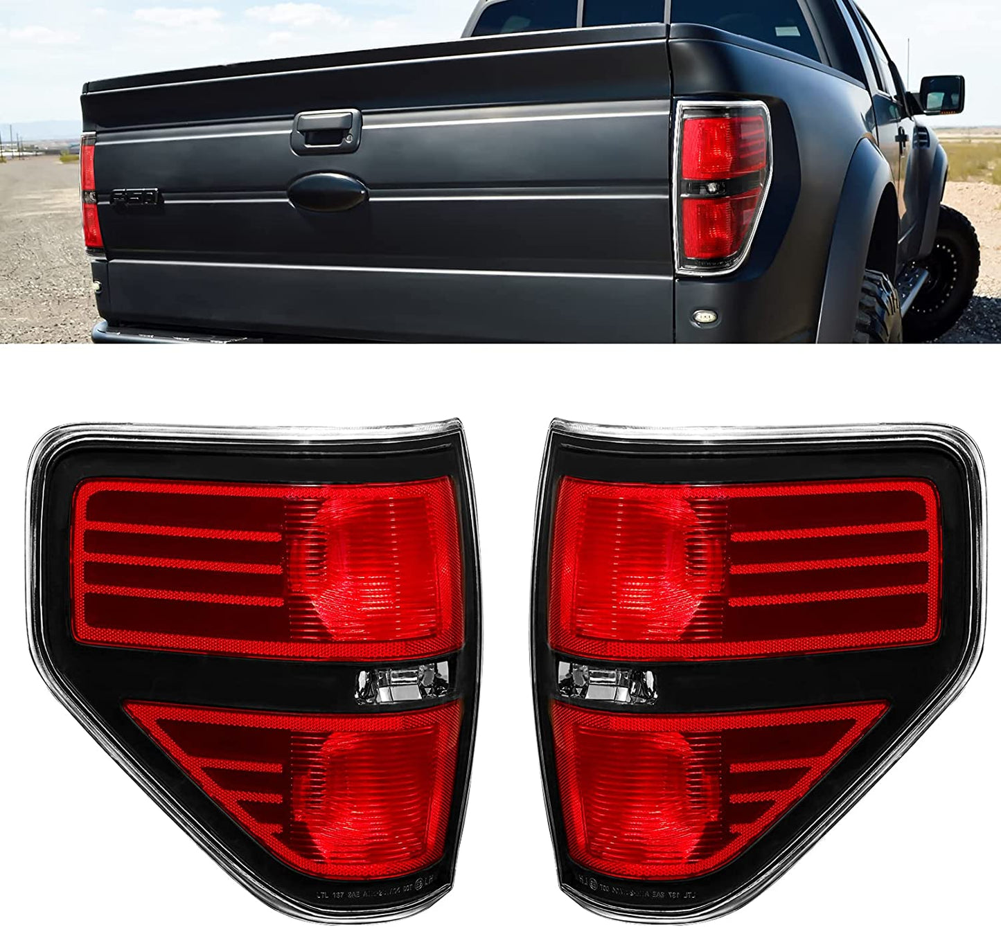 Tail Lights Compatible with 2009-2014 Ford F150, NOT fit Flareside Models, Taillight Brake Lamps Housing for Passenger and Driver Side, 2 Pack, Red + Black - OMOTOR