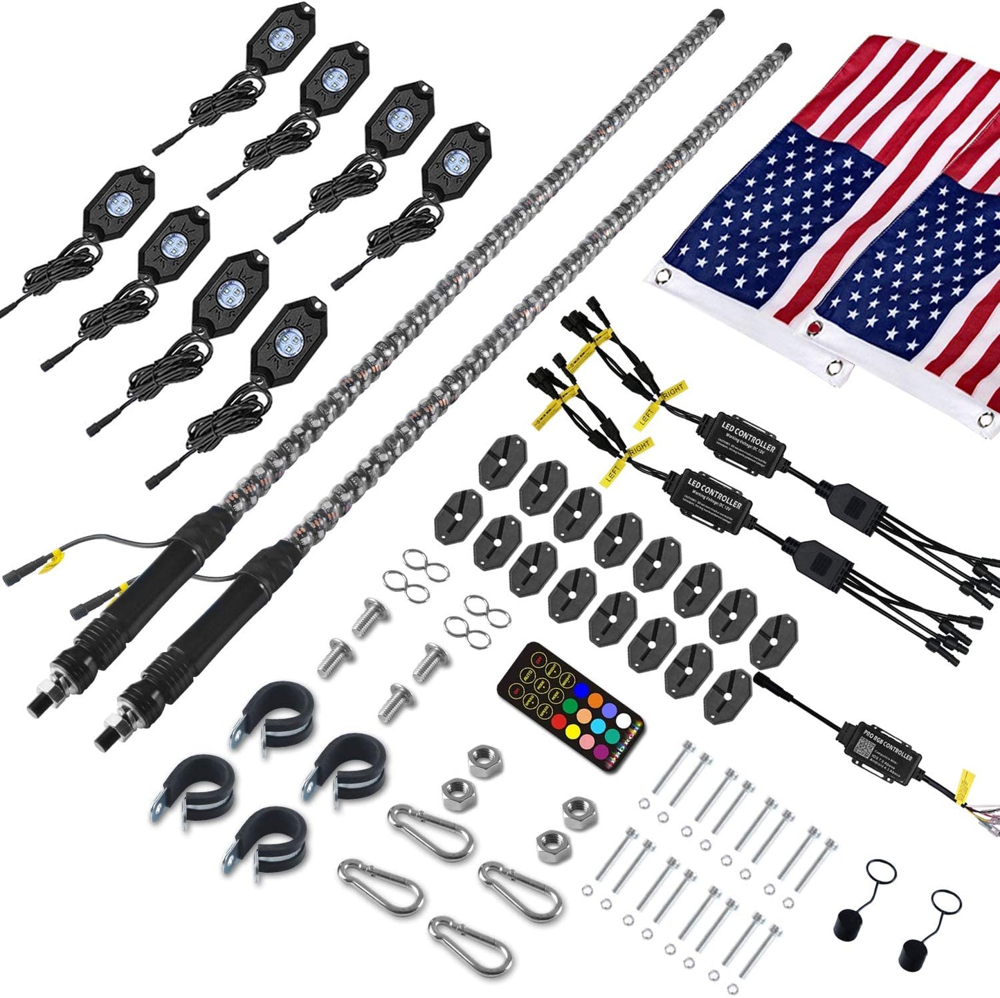 【WHIP AND ROCK LIGHTS KIT】LED RGB Chasing Whip Lights and 8 Pods 3rd-Gen Rock Lights Kit with Bluetooth and Remote Control - OMOTOR