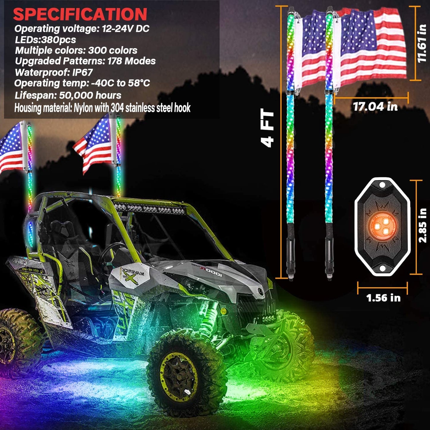 【WHIP AND ROCK LIGHTS KIT】LED RGB Chasing Whip Lights and 8 Pods 3rd-Gen Rock Lights Kit with Bluetooth and Remote Control - OMOTOR