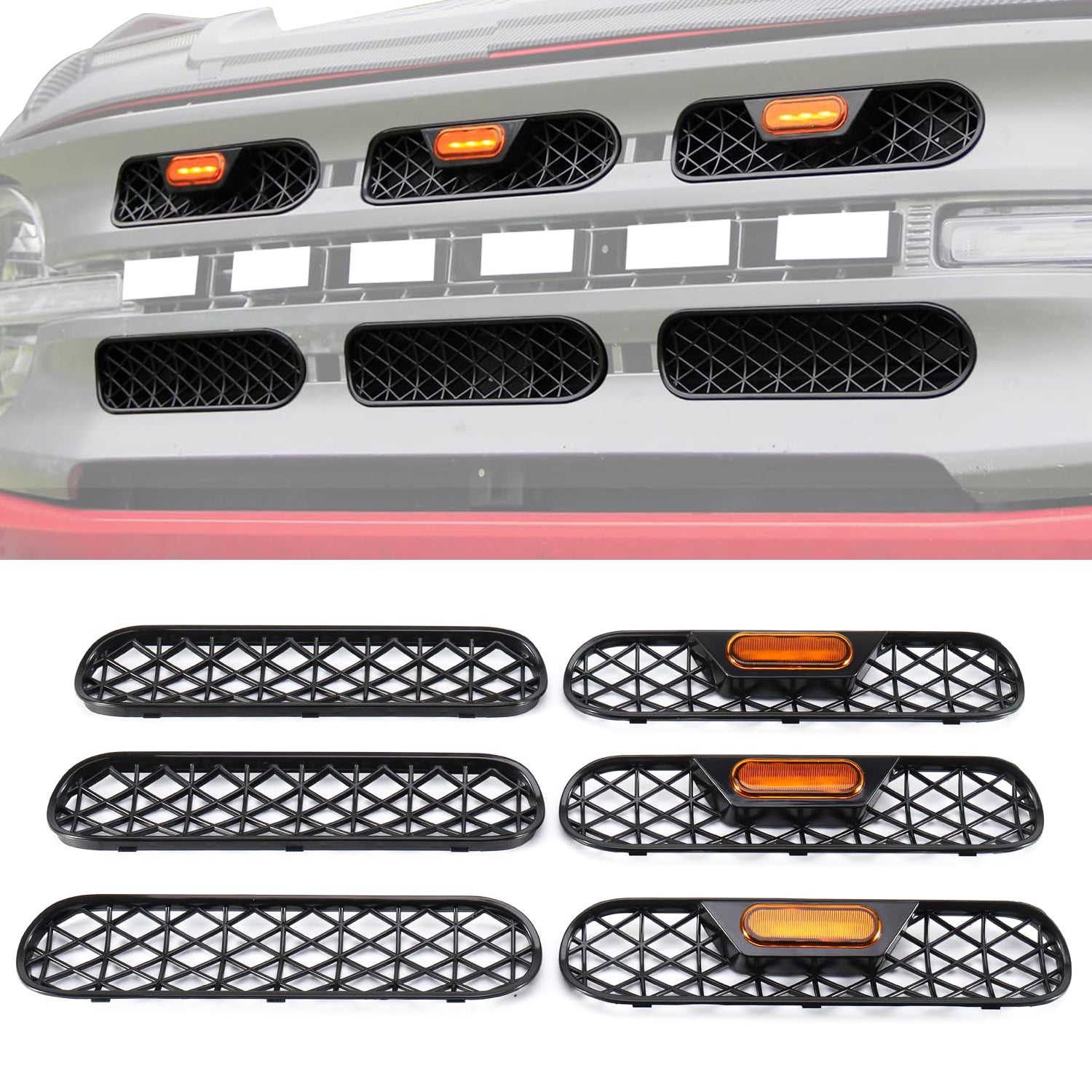Front Grill Inserts with Amber Light for 2021 -2024 Ford Bronco Big Bend Outer Banks 2/4 Door