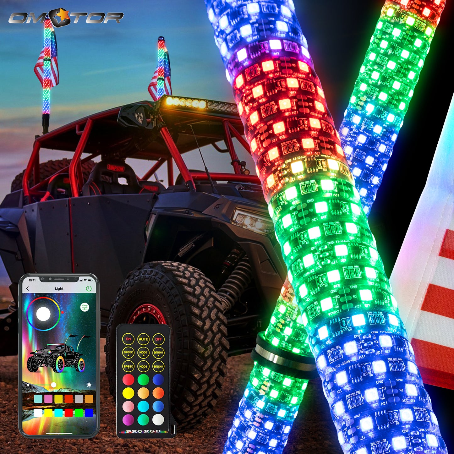 2FT/3FT Pair of RGB Chasing Fat Whips Lights with Bluetooth and Remote