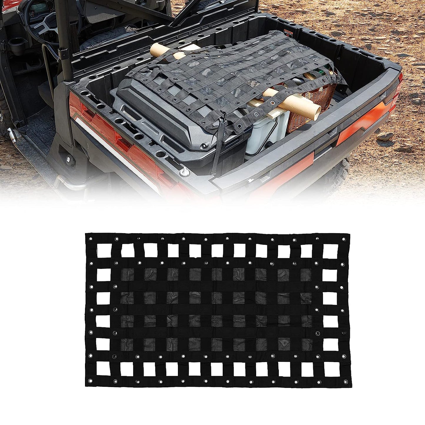 Heavy Duty UTV Cargo Net Stretchable UTV Roof Rack Bed Rail Cargo Bungee Netting with Straps Compatible with Polaris Ranger General Can am Defender Commander Maverick- 47" L 27" W