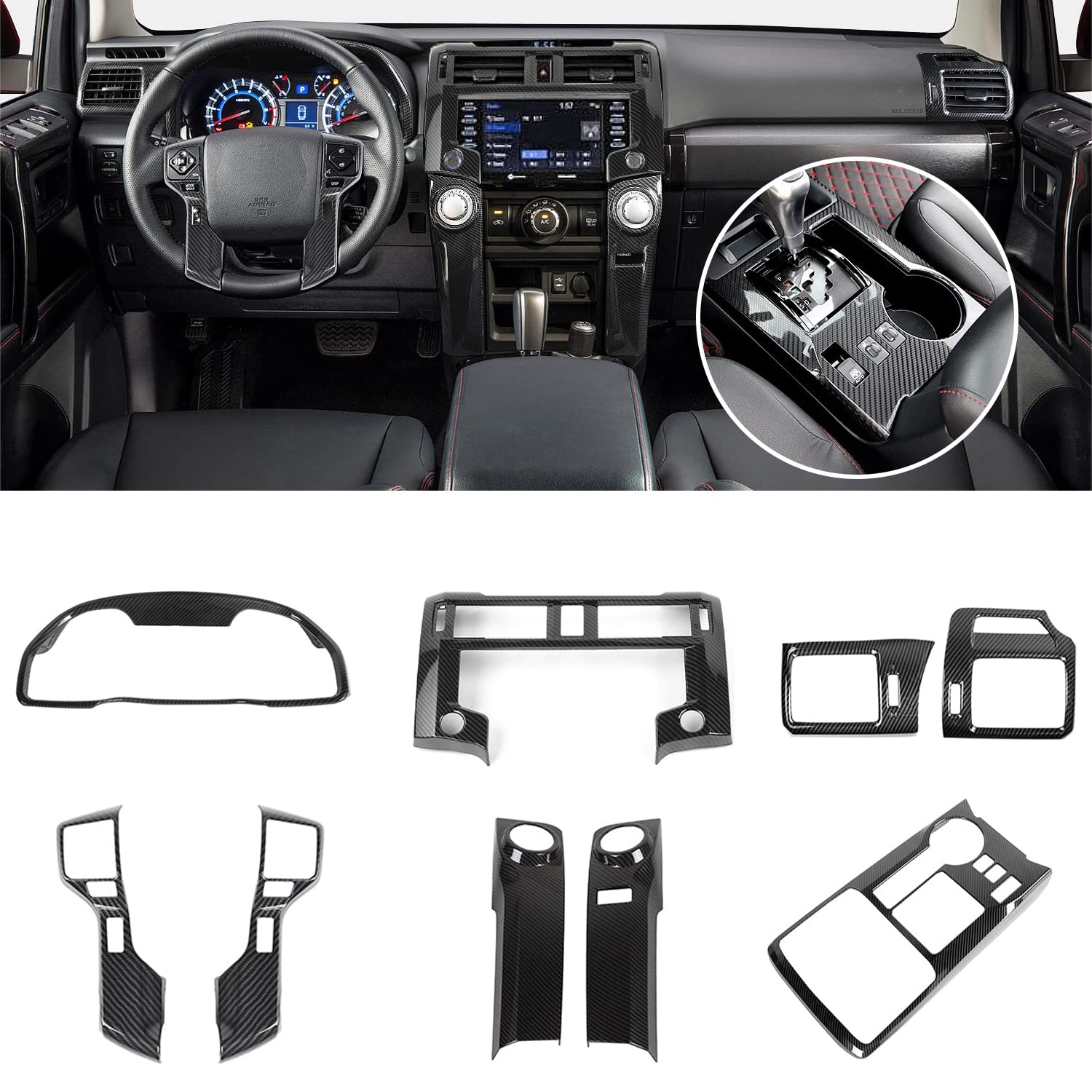Center Console Interior Carbon Fiber Black Decoration Kit for Toyota 4Runner 2020-2024
