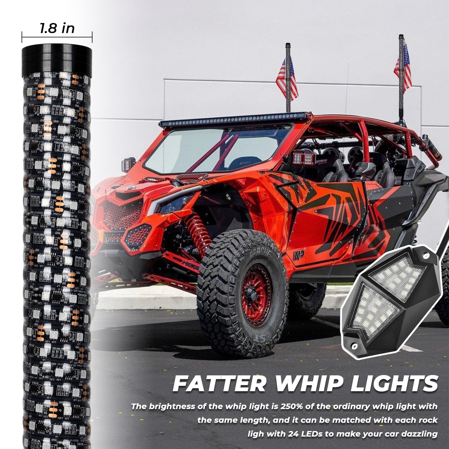 2PCs Fat Whip Lights and 8Pods RGB Rock Lights Kit with Bluetooth and Remote Control 360° Spiral Chase Offroad Warning Lighted Antenna LED Whips