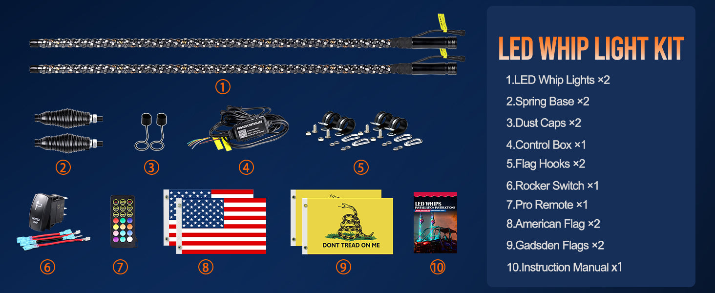 LED Whip Lights for UTV ATV  Bluetooth and Remote Control with Gadsden Flag - OMOTOR