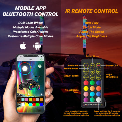 2FT/3FT Pair of RGB Chasing Fat Whips Lights with Bluetooth and Remote - OMOTOR