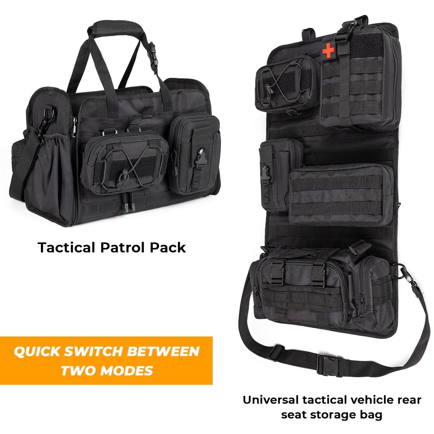 Universal Tactical Car Seat Back Organizer Patrol Bag Tactical Molle Vehicle Organizers with 5 Detachable Molle Pouches Multi-function Designed