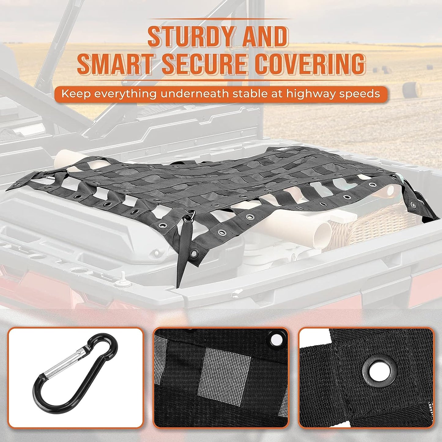 Heavy Duty UTV Cargo Net Stretchable UTV Roof Rack Bed Rail Cargo Bungee Netting with Straps Compatible with Polaris Ranger General Can am Defender Commander Maverick- 47" L 27" W