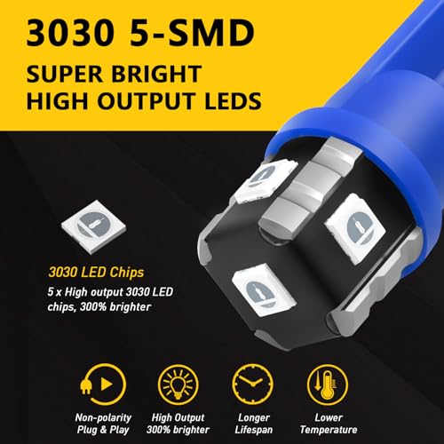 194 LED Light Bulb Blue, T10 168 Interior Dome Lights, 10 Pack