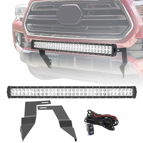 32" 180W High Power LED Light Bar & Front Bumper Lower Grille Mounting Brackets w/Rocker Switch Wiring Kit Compatible with Toyota Tacoma 2016-2022