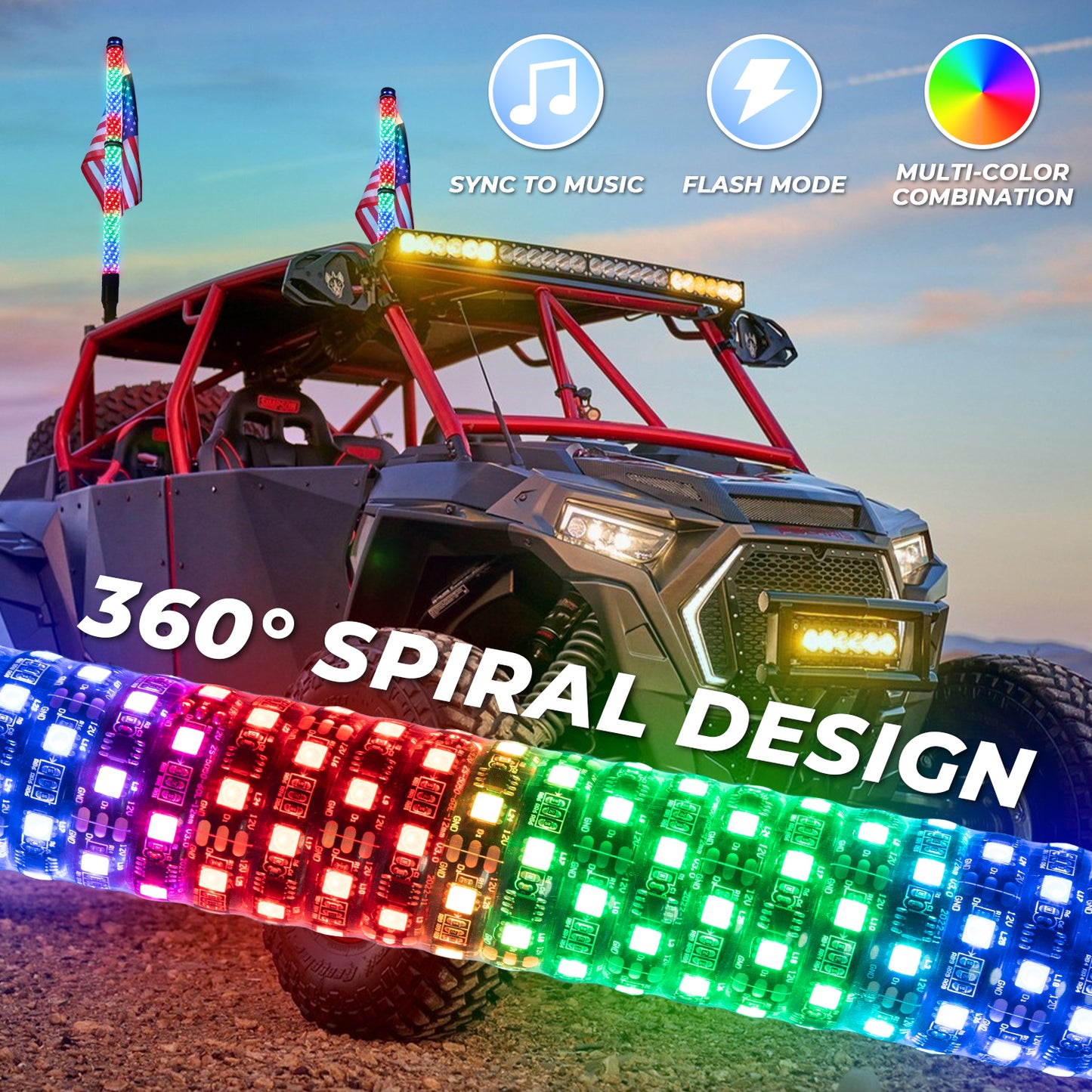 2FT/3FT Pair of RGB Chasing Fat Whips Lights with Bluetooth and Remote