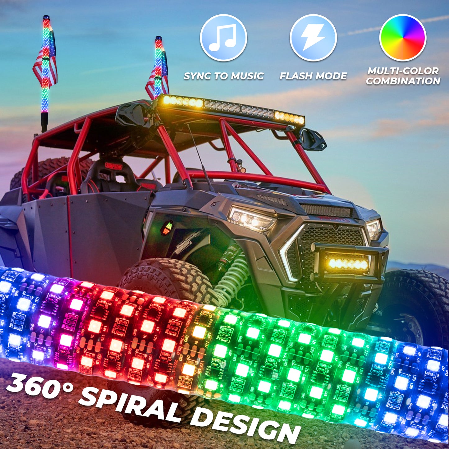 2PCs Fat Whip Lights and 8Pods RGB Rock Lights Kit with Bluetooth and Remote Control 360° Spiral Chase Offroad Warning Lighted Antenna LED Whips