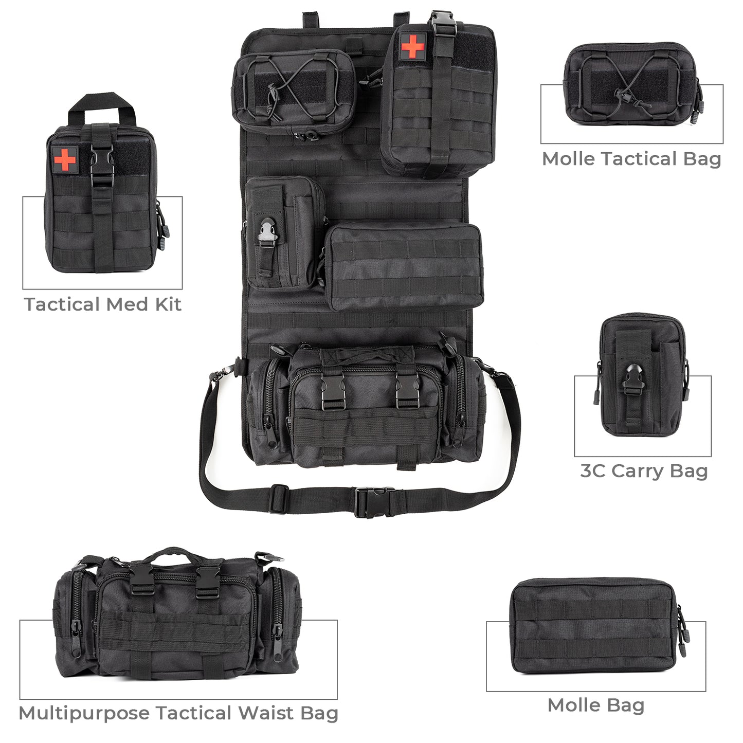 Universal Tactical Car Seat Back Organizer Patrol Bag Tactical Molle Vehicle Organizers with 5 Detachable Molle Pouches Multi-function Designed