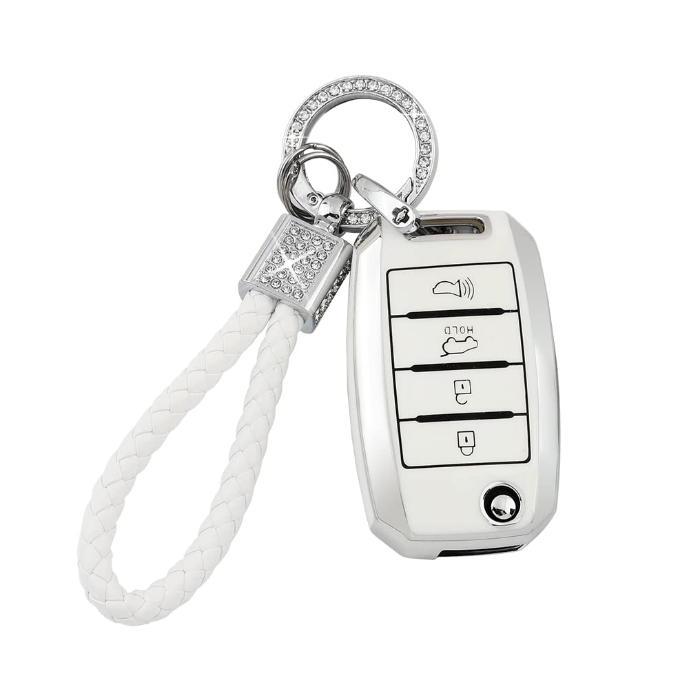 PIFOOG Key Fob Cover for Toyota Camry RAV4 Corolla C-HR Avalon Highlander Prius Smart Keys Case Shell Protector Bling Keychain Accessories 4 Button TPU Girly Women White Silver