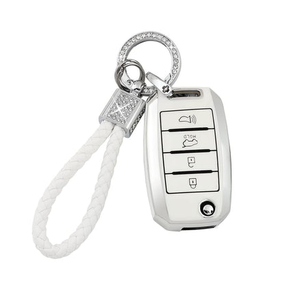 PIFOOG Key Fob Cover for Toyota Camry RAV4 Corolla C-HR Avalon Highlander Prius Smart Keys Case Shell Protector Bling Keychain Accessories 4 Button TPU Girly Women White Silver