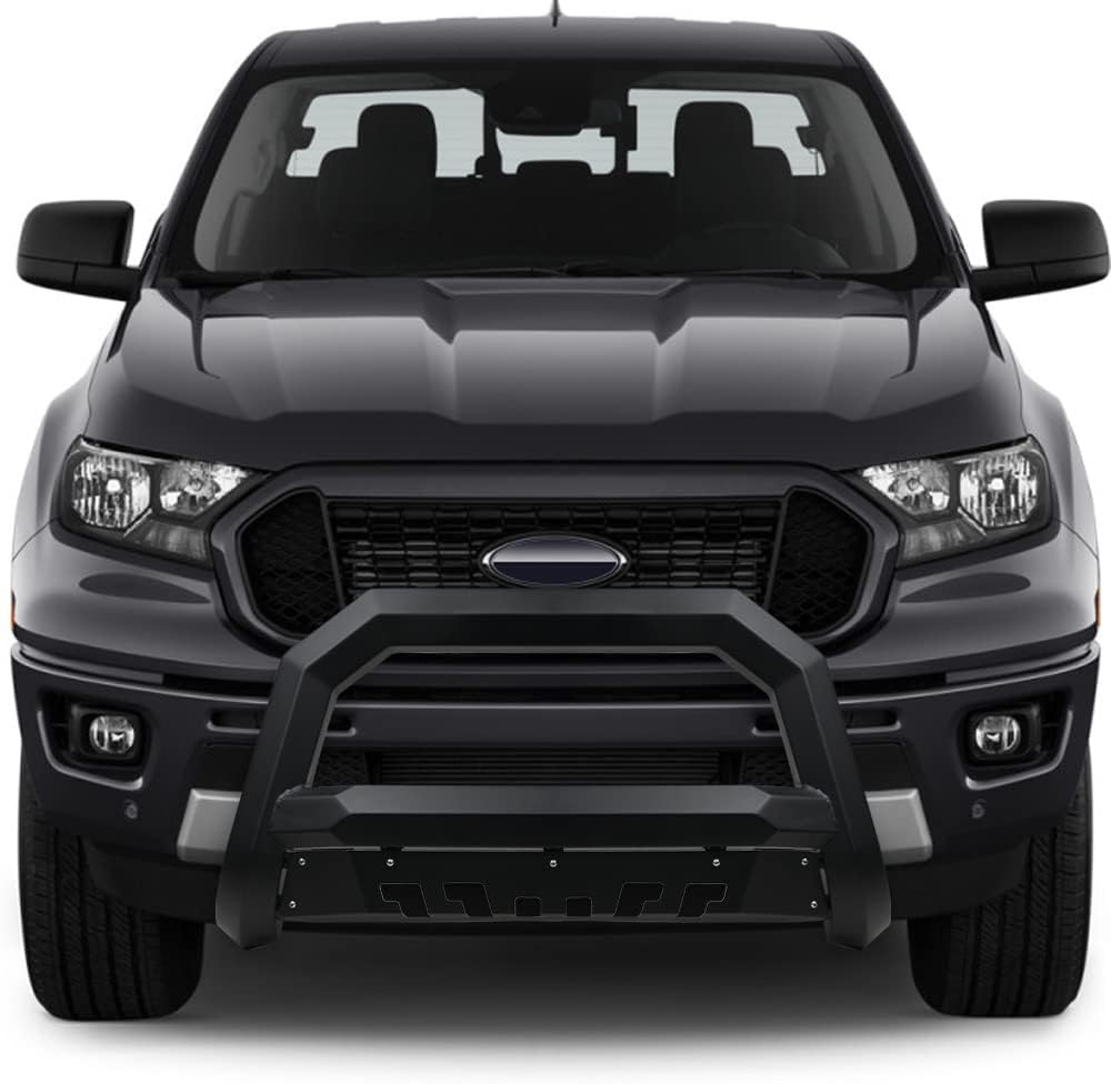 7422439249240 Compatible With 2019-2023 Ford Ranger Matte Black AVT Style Angular Bull Bar Guard with Skid Plate