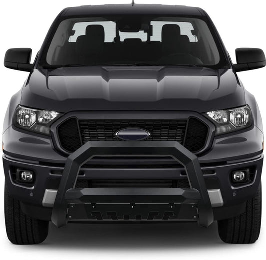 7422439249240 Compatible With 2019-2023 Ford Ranger Matte Black AVT Style Angular Bull Bar Guard with Skid Plate