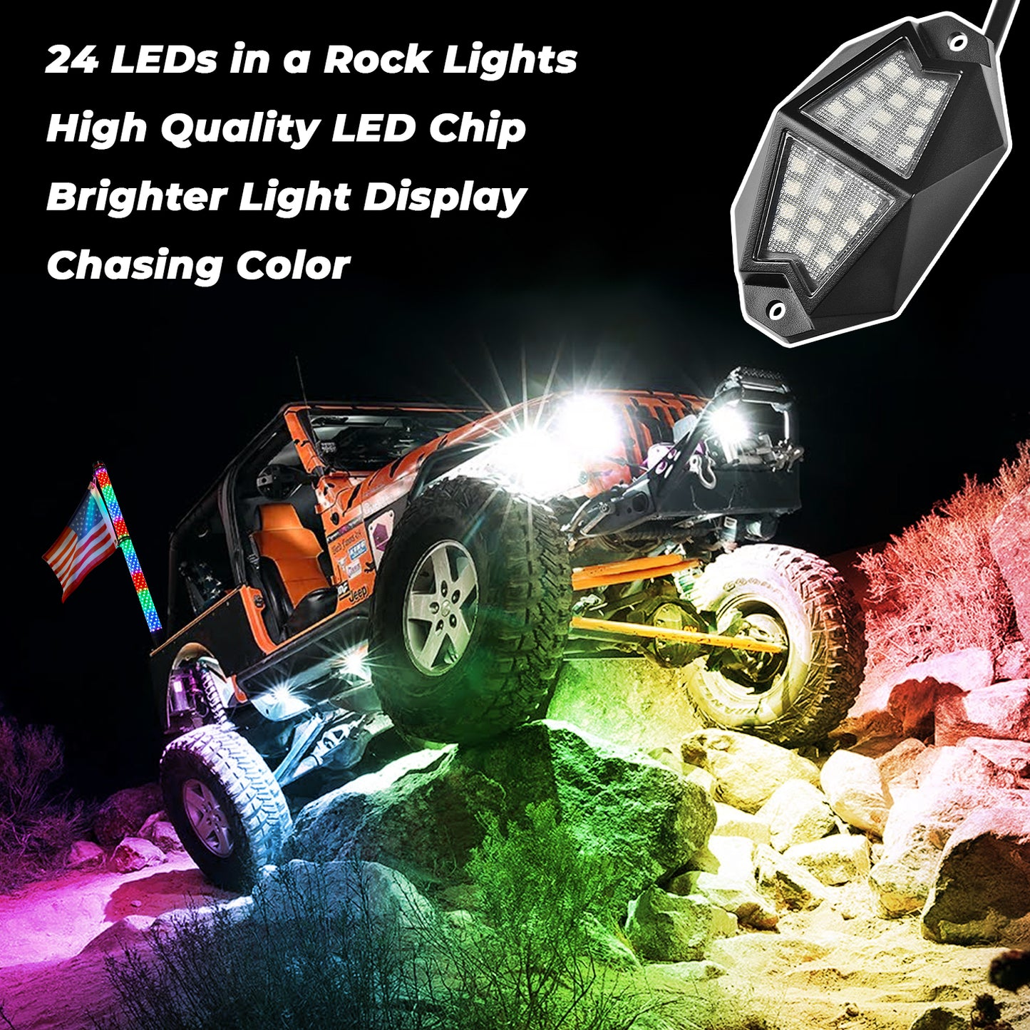 2PCs Fat Whip Lights and 8Pods RGB Rock Lights Kit with Bluetooth and Remote Control 360° Spiral Chase Offroad Warning Lighted Antenna LED Whips