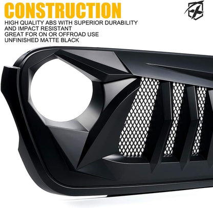 Xprite Matte Black Front Grille Grid Grill w/Mesh Compatible with 2018-2024 Jeep Wrangler JL&2020+ Gladiator JT - Black Widow Series