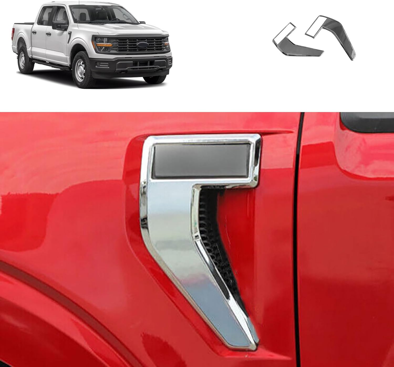 Fender Side Vent Cover Trim Compatible With Ford F150 F-150 2024 2023 2022 2021 Fender Side Vent Sticker Exterior Car Accessories ABS 2PCS (Glossy Chrome Style) Not Fit For Raptor